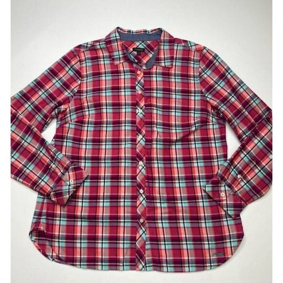 TALBOTS Button Down Pink Aqua Plaid Long Sleeve Cotton Top Large - Picture 8 of 9